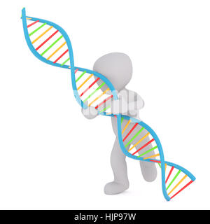 Grigio generico 3d figura del fumetto che trasportano grandi colorate Oversize la doppia elica del DNA di fronte a uno sfondo bianco - Scienza Concetto di immagine Foto Stock