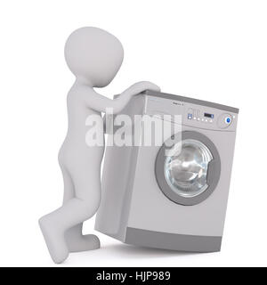 Grigio generico 3D fumetto figura il ribaltamento o il Movimento Moderno pesante macchina lavatrice di fronte a uno sfondo bianco Foto Stock