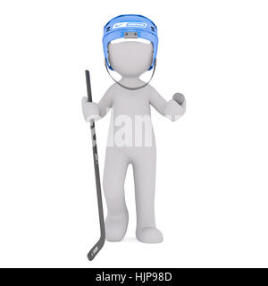 Grigio generico 3D fumetto figura indossa il casco blu e azienda Puck e mazza da hockey mentre in piedi di fronte a uno sfondo bianco Foto Stock