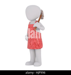 Grigio generico 3D fumetto figura indossando grembiule rosso e tenendo mazza sulla spalla di fronte a uno sfondo bianco Foto Stock