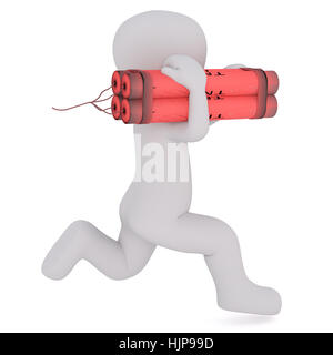 Grigio generico 3D fumetto figura esegue rapidamente mentre trasportano grandi bastoni sovradimensionata di TNT Dynamite davanti a uno sfondo bianco Foto Stock