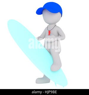 La figura 3D uomo surf in pullman o in spiaggia bagnino di tappo blu con tavola da surf e fischiare, isolato su sfondo bianco Foto Stock