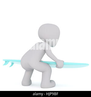 Volto 3D uomo personaggio dei fumetti accovacciato con il surf board di mani, piedi isolato su sfondo bianco Foto Stock