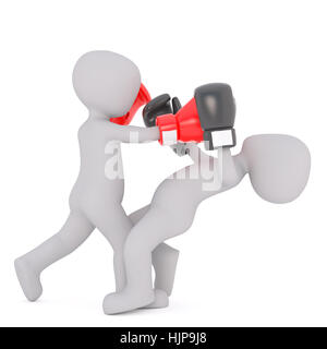 Rendering 3d uomo cartoon a bussare fuori un avversario nella boxe come essi lotta nell'anello di gettare un punzone, illustrazione isolato su bianco Foto Stock