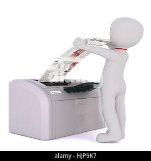 Grigio generico 3D fumetto figura la raccolta di stampare da grandi Oversize stampante del computer di fronte a uno sfondo bianco Foto Stock