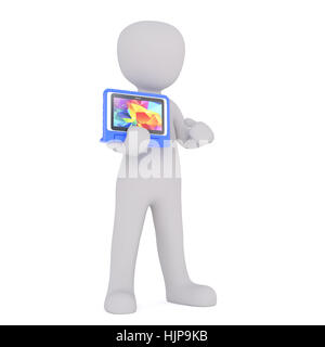 Grigio generico 3d figura del fumetto azienda computer Tablet con grafica colorata sullo schermo di fronte a uno sfondo bianco Foto Stock