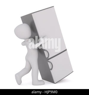Grigio generico 3D fumetto figura pesante commovente apparecchio frigorifero davanti a uno sfondo bianco Foto Stock