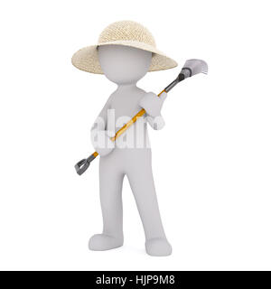 Grigio generico 3D fumetto figura indossa paglia cappello da giardinaggio e spoglia di contenimento nella parte anteriore del fondo bianco Foto Stock