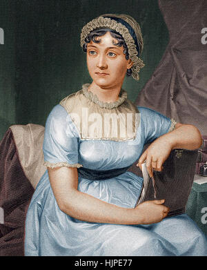 JANE AUSTEN (1775-1817) romanziere inglese un colorised Litografia dal 1873 basato l'incisione nel suo nipote Giacomo Austen-Leigh della biografia pubblicata nel 1869, si basa su precedenti foto Foto Stock