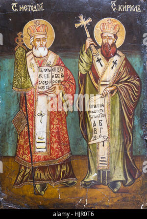 Icona bizantina dei Santi Cirillo e Metodio, i due fratelli che erano missionari bizantini, gli 'Apostoli degli Slavi'. Foto Stock