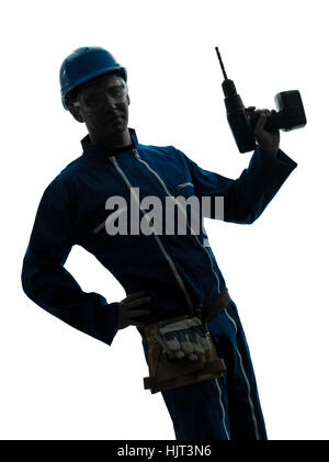 Un uomo caucasico lavoratore edile azienda trapanare silhouette in studio su sfondo bianco Foto Stock