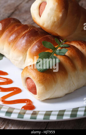 Rotoli di salsiccia su una piastra con salsa di pomodoro e rucola verticale macro Foto Stock