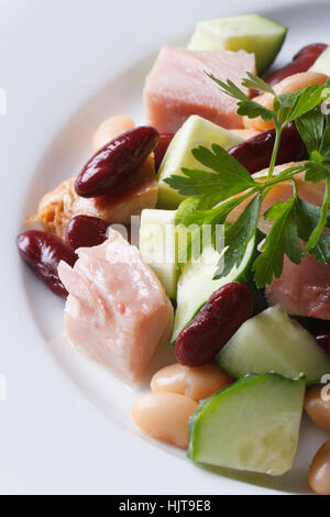 Con insalata di fagioli, carne e cetriolo fresco su una piastra verticale macro vista da sopra Foto Stock