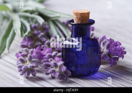 Olio di lavanda in blu di una bottiglia di vetro e fiori sul tavolo. horizontal macro Foto Stock