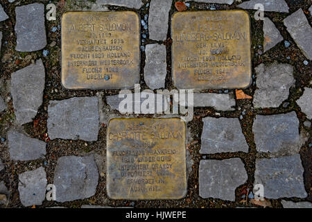 Stolperstein (pietra inciampante) per le strade di Berlino commemorando i membri della famiglia Salomon presi dai nazisti Foto Stock