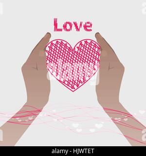 Due mani tenendo un cuore rosa con la linea Illustrazione Vettoriale