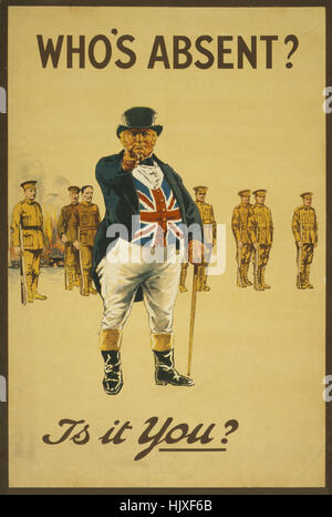 John Bull con la masterizzazione di edifici e la linea di soldati in background, 'Chi è assente? Si tratta?', la guerra mondiale I poster di reclutamento, Regno Unito, 1915 Foto Stock