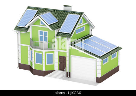 Casa con pannelli solari, rendering 3D isolati su sfondo bianco Foto Stock