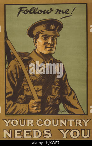 Ritratto di soldato, 'Follow Me! Il vostro Paese ha bisogno di te', la guerra mondiale I poster di reclutamento, parlamentare COMITATO D' ASSUNZIONE, Regno Unito, 1914 Foto Stock