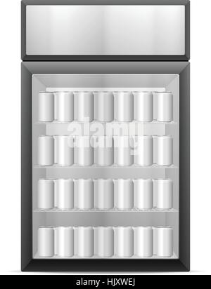 Visualizzare frigo con bevande lattine su uno sfondo bianco. Illustrazione Vettoriale