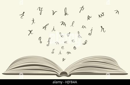 Flying lettere dal vecchio libro aperto Illustrazione Vettoriale