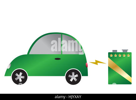 Un auto elettrica e batteria 9v isolata su uno sfondo bianco Foto Stock