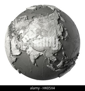 Modello del globo con la topografia dettagliata senza acqua. Asia. 3D rendering isolati su sfondo bianco. Gli elementi di questa immagine fornita dalla NASA Foto Stock