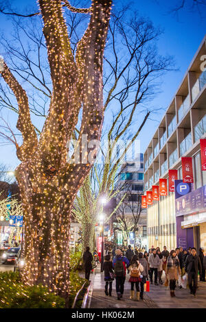 Townscape, Natale, Natale decorazione in Omotesando street, a destra Omotesando Hills shopping mall progettato da Tadao Ando, Tokyo, Giappone. Foto Stock