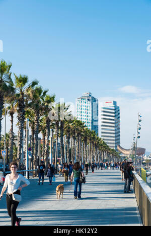 Il lungomare pieno di persone con arti e hotel Torre Mapfre in background Foto Stock