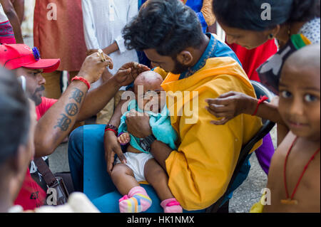 Kuala Lumpur, Malesia. 4 febbraio 2017. Un bambino devoto ha la sua testa radersi prima di prendere parte alla processione per le Sacre Grotte Batu tempio durante il festival di Thaipusam a Grotte Batu di Kuala Lumpur in Malesia a febbraio 04, 2017. Thaipusam è celebrata dai devoti del dio indù Murugan ed è un importante festival della comunità Tamil in paesi come India, Sri Lanka, Indonesia, Thailandia, Malaysia e Singapore, durante la quale i devoti pierce stessi con picchi e di prendere parte in lunghe processioni. Credito: Chris JUNG/Alamy Live News Foto Stock