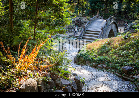 Engetsukyo Bridge o 'Full Moon Ponte' alle Koishikawa Korakuen garden, Tokyo, Giappone Foto Stock