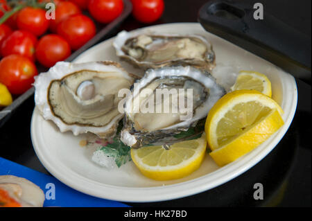 Tre ostriche fresche su una piastra con le fette di limone Foto Stock