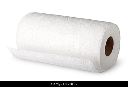 Bianco rotolo di asciugamani di carta orizzontalmente isolati su sfondo bianco Foto Stock
