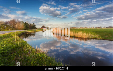 Alberi ed edifici vicino al canale per acqua a sunrise in Paesi Bassi. Colorato il cielo blu con nuvole. Paesaggio di primavera in Olanda. Foto Stock