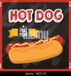 Hot Dog icona sopra nero e sfondo rosso. fast food concept. design colorato. illustrazione vettoriale Illustrazione Vettoriale