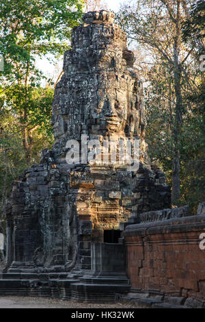 Faccia la torre e la porta d ingresso, Ta Prohm tempio, il Parco Archeologico di Angkor, Siem Reap, Cambogia Foto Stock