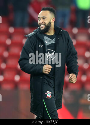 Southampton Nathan Redmond festeggia dopo la Coppa EFL Semi Finale, la seconda gamba corrispondono ad Anfield, Liverpool. Foto Stock