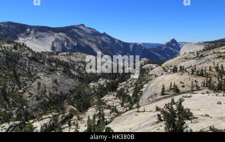 Guardando verso sud da Olmsted Point, il Parco Nazionale di Yosemite. In vista sono Tenaya Canyon e mezza cupola (nord faccia). Foto Stock