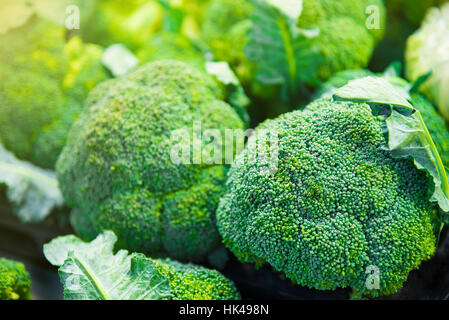 Gruppo di teste di broccoli su vassoi nel supermercato, healthcare, cucina dietetica, vegetali, vegetariane e vegane concetto closeup e messa a fuoco selettiva Foto Stock