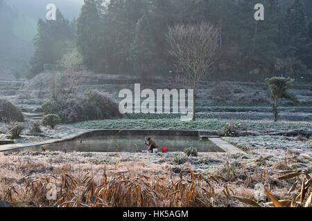 Il lavaggio della biancheria in un freddo inverno mattina nel borgo antico di Xidi, Anhui, Cina Foto Stock