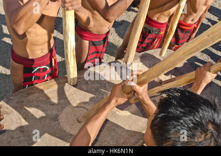 Membri della samdom-tribù mostrano il loro modo tradizionale di schiacciare le coltivazioni a hornbill-festival Foto Stock