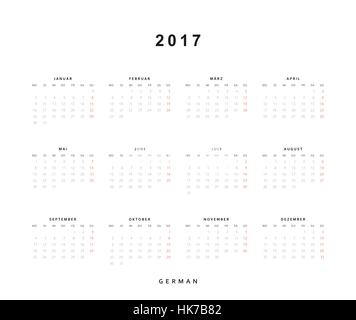 Calendario 2017 in tedesco. Inizia settimana da Lunedì Illustrazione Vettoriale