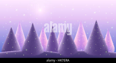 Alberi di Natale su viola sullo sfondo di un paesaggio. Foresta Magica nel cielo notturno. L'illustrazione Buon Natale e Felice Anno Nuovo. Template banner. Foto Stock