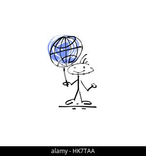 Disegno a mano schizzo sorriso umano stick figura globe segno Illustrazione Vettoriale