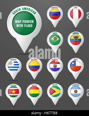 Impostare il puntatore della mappa con la bandiera dei paesi dell' America del Sud e i loro nomi. Illustrazione Vettoriale Illustrazione Vettoriale