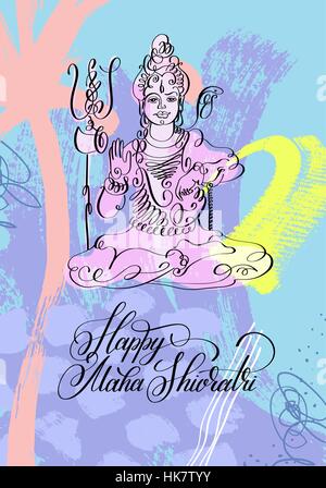 Felice Maha Shivratri bianco e nero line art greeting card desi Illustrazione Vettoriale
