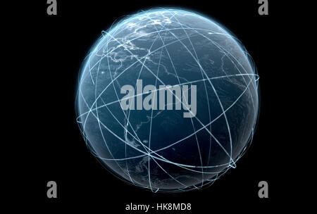 Un 3D Rendering della terra circondata da swishing orbitante sentieri di luce su uno sfondo scuro Foto Stock