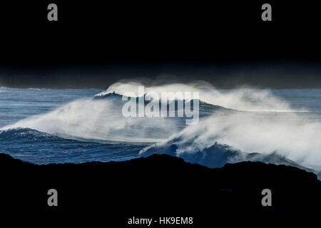 Vento ad alta velocità onde Spray Fistral Newquay North Cornwall Regno Unito meteo Foto Stock