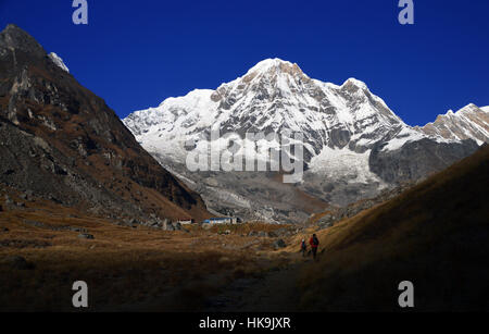 Due escursionisti a piedi verso Annapurna base camp (ABC) da Machhapuchhre Base Camp (MBC) con Annapurna Sud infront, Himalaya, Nepal, Asia. Foto Stock