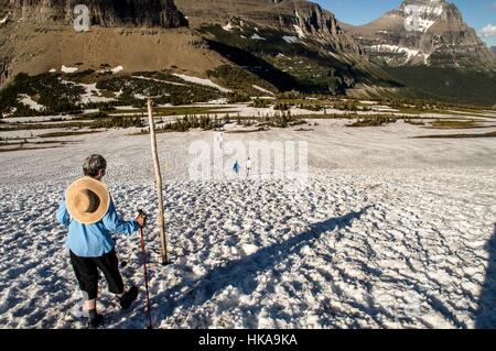 Escursioni a piedi verso il basso dal lago di nascosto per la Logan pass del centro visitatori parco nazionale di Glacier. Foto Stock